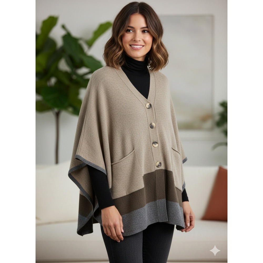 b.chyll 100 Cashmere Cardigan Poncho Beige Brown Grey Colorblock Buttons SZ M